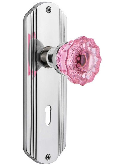 Streamline Deco Mortise Lock Set with Colored Fluted Crystal Glass Knobs Pink in Polished Chrome.